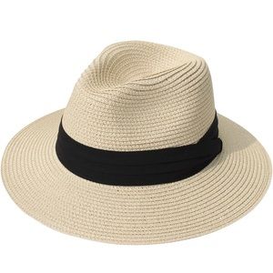Women Wide Brim Straw Panama Roll up Hat Fedora Beach Sun Hat